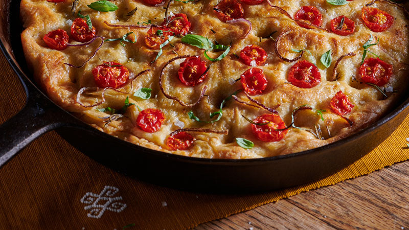 Skillet Focaccia with Tomatoes, Onions, and Herbs