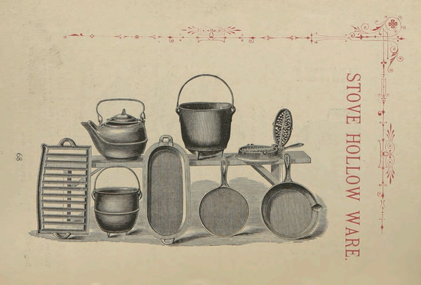 Vintage catalog page titled "Stove Hollow Ware" with engravings of cast iron kettles, pots, and skillets